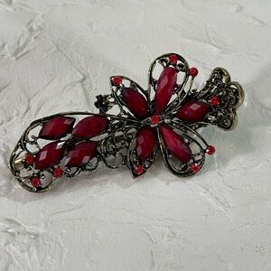 NWT Women's Rubi Red Flower. Metal & Rhinestones Hair Clip/Barrette